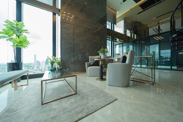 Elegant Manhattan hotel lobby with a city view